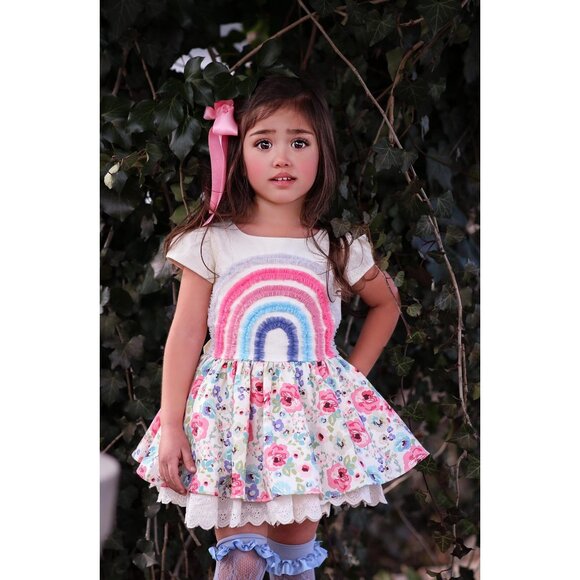 Sz 8 and 10 Girl August Boho Floral Rainbow dress and shorts NWT - Picture 1 of 13